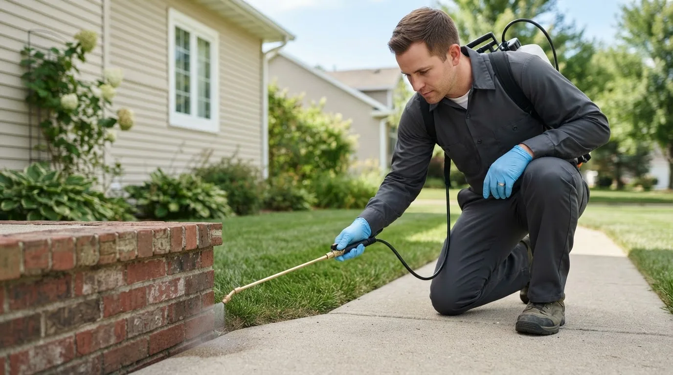 Pest control technician treating a home near Bentonville, OH