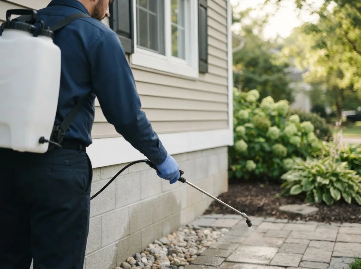 Pest control technician inspecting a home in Bentonville, OH